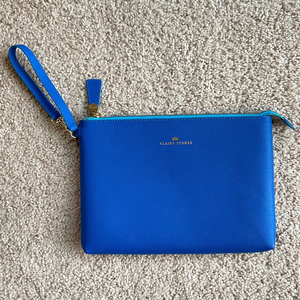 Elaine Turner Blue Gold Crown Cosmetic Bag Zipper Wristlet Clutch Purse